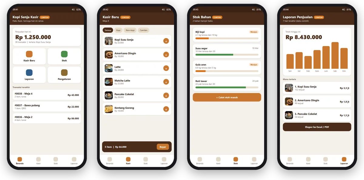 Empat layar contoh aplikasi Android: beranda, kasir, stok, laporan