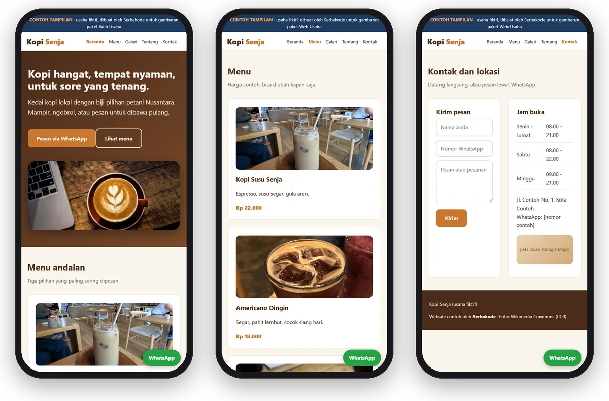 Tiga halaman website Kopi Senja di HP